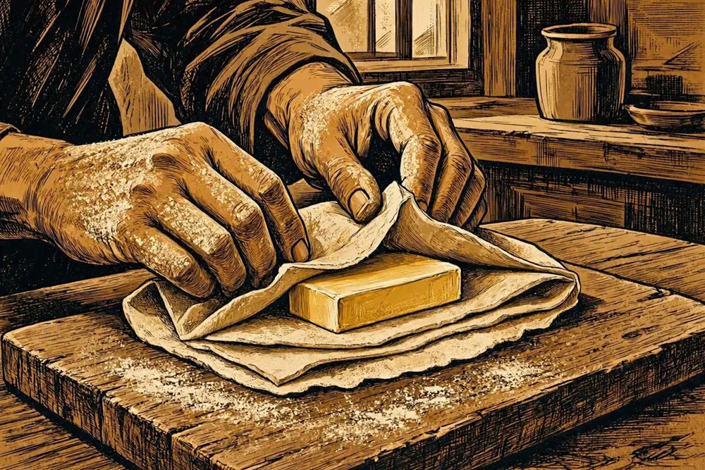 Layers of laminated pastry dough being folded over a butter block on a floured board