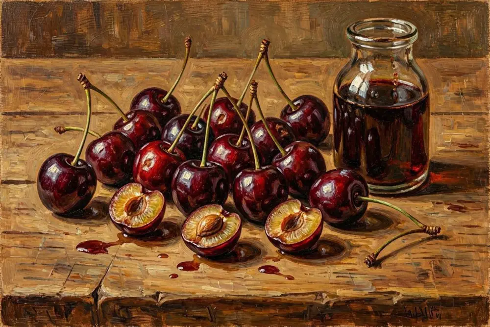Illustration of sour cherries and cherry pits beside a bottle of dark cordial