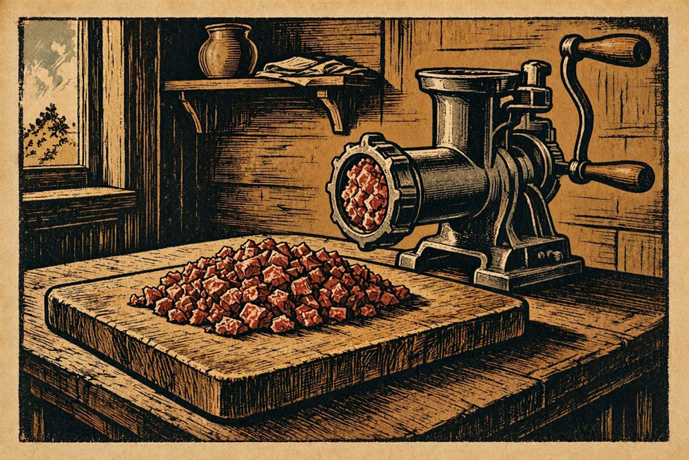 Illustration of hand-chopped meat beside a meat grinder in a vintage Central European kitchen
