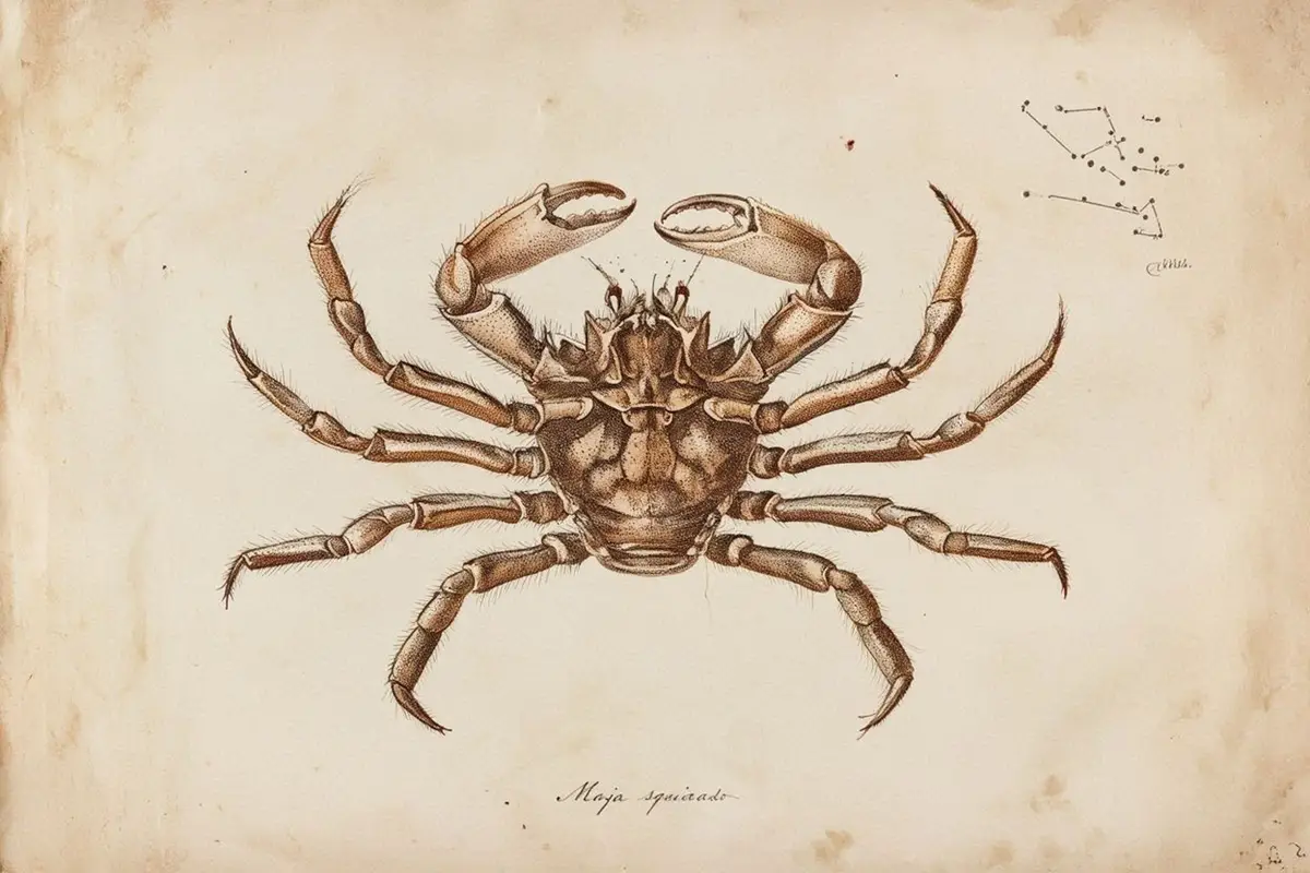 Detailed botanical-style illustration of an Adriatic spider crab (Maja squinado) on aged parchment, surrounded by small mythological motifs.