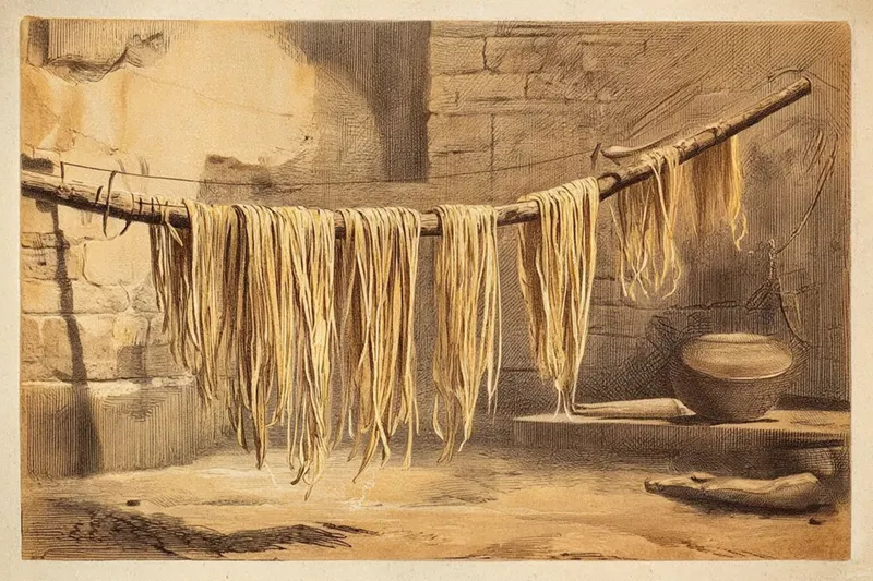 Vintage-style illustration of long strands of pasta drying on wooden rods in warm sunlight