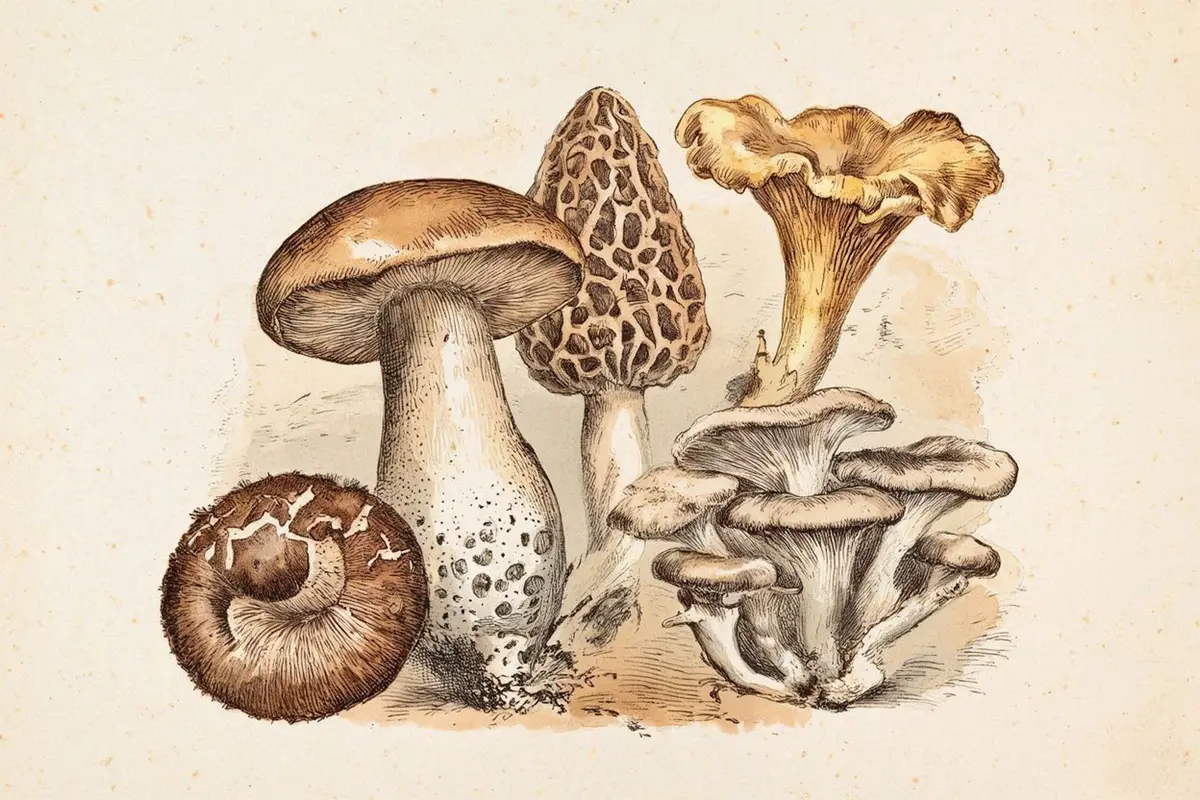 Vintage botanical illustration of edible mushrooms — porcini, chanterelle, shiitake, morel, oyster — ink linework with warm sepia watercolor wash on cream background
