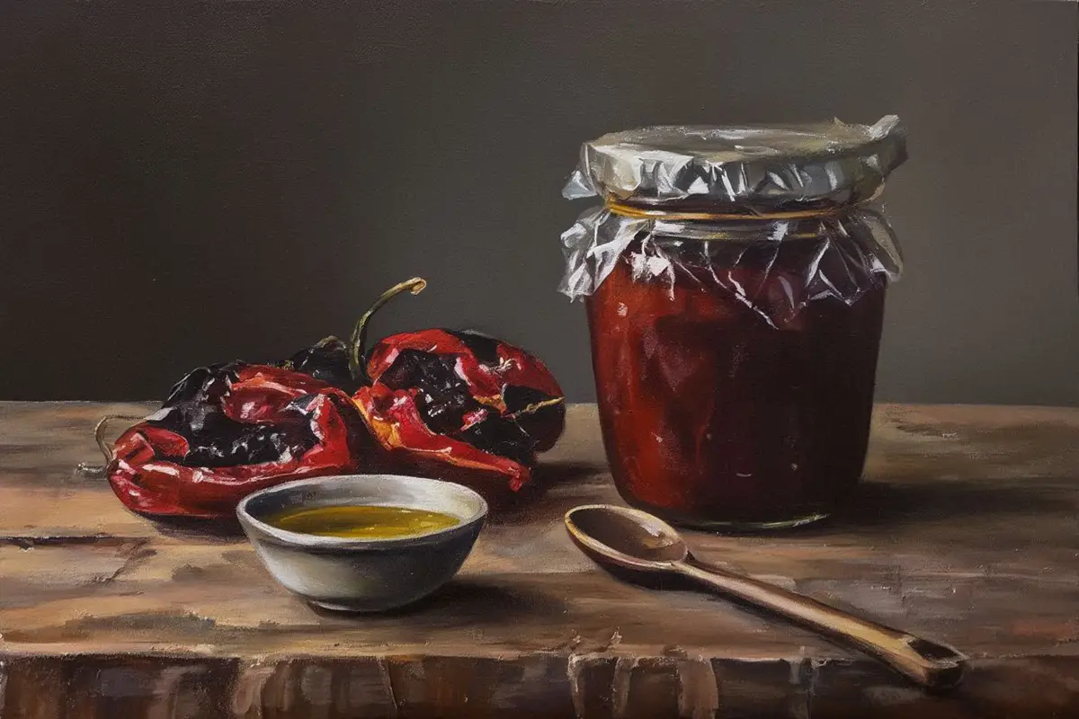 Dark red ajvar in a glass jar on a wooden table, roasted red peppers beside it, a large wooden spoon resting across the jar — warm autumn kitchen light