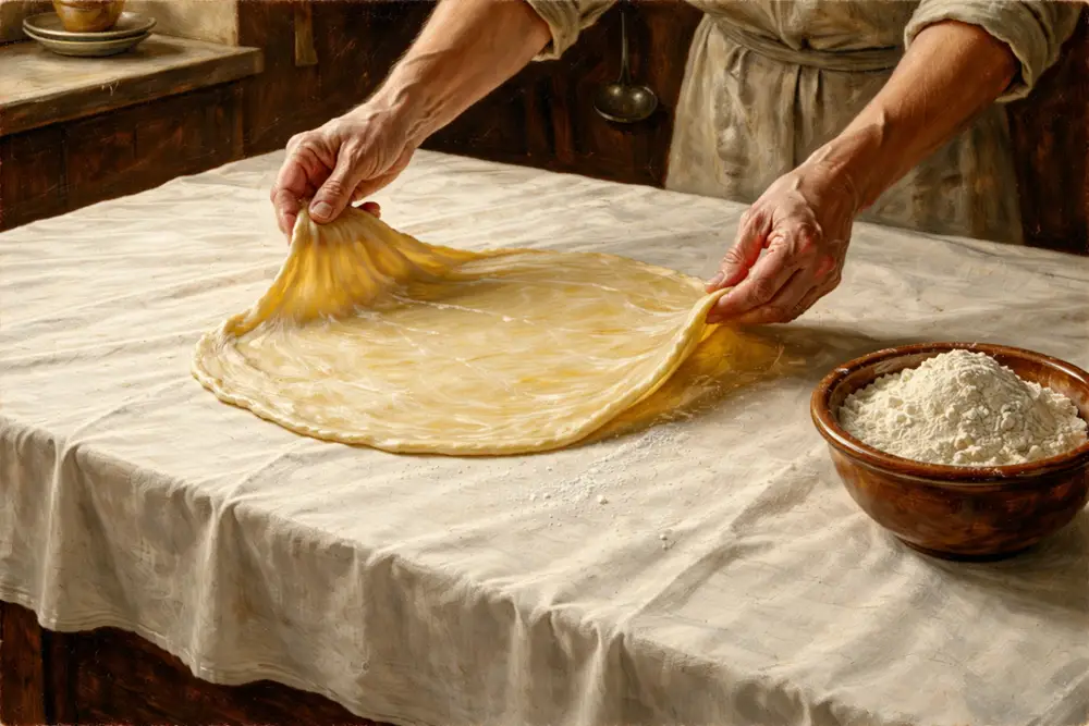 Illustration of hands stretching a sheet of pastry dough over a cloth-covered table