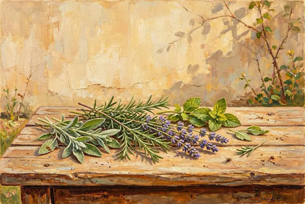 Assorted fresh herbs arranged on a worn wooden surface — sage, rosemary, lavender, and mint