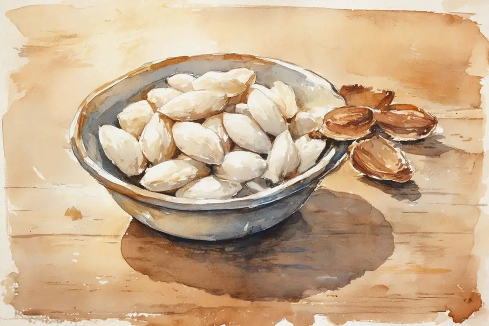 A small ceramic bowl of freshly blanched white almonds beside a pile of slipped brown skins on a worn wooden surface.