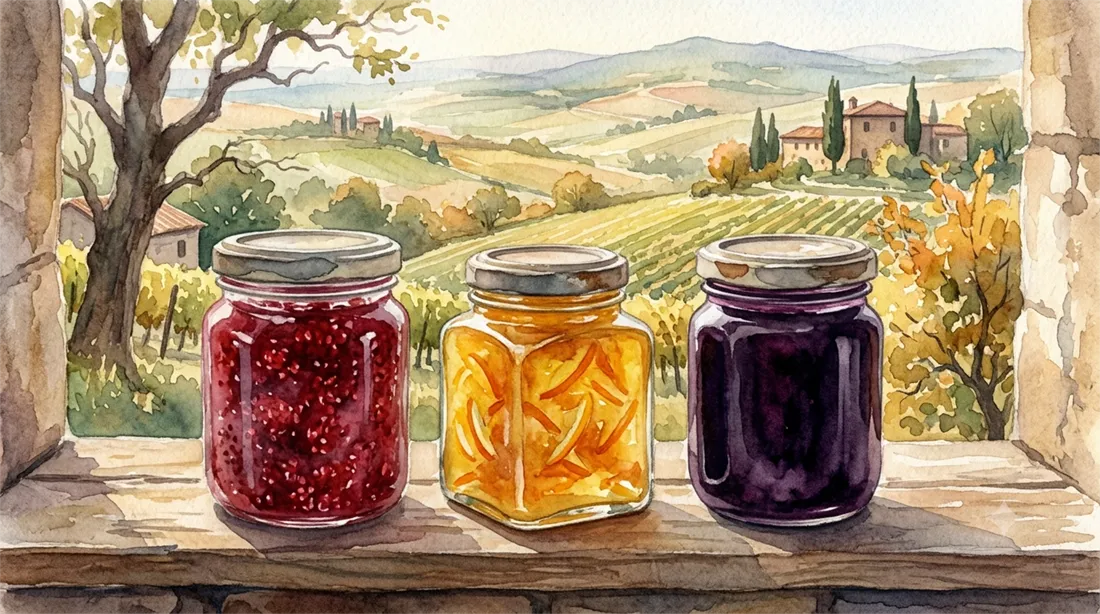 Rows of jars containing different fruit preserves of varying color and thickness