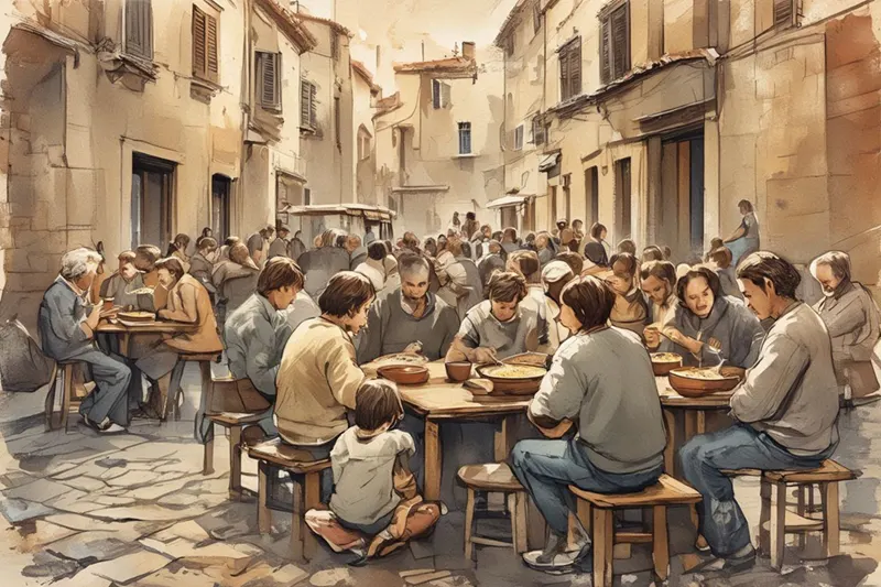 Vintage illustration of people eating macaroni in a bustling street scene in southern Italy