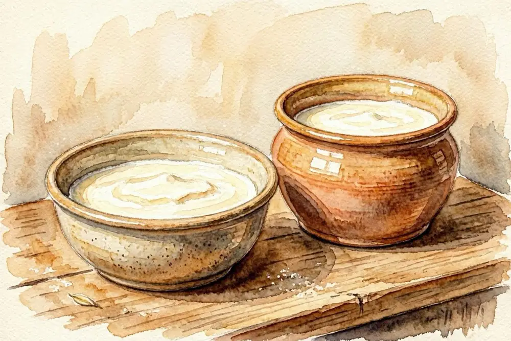 Two ceramic vessels on a worn wooden surface — one filled with layered kajmak, one with thick soured milk — natural window light, linen cloth