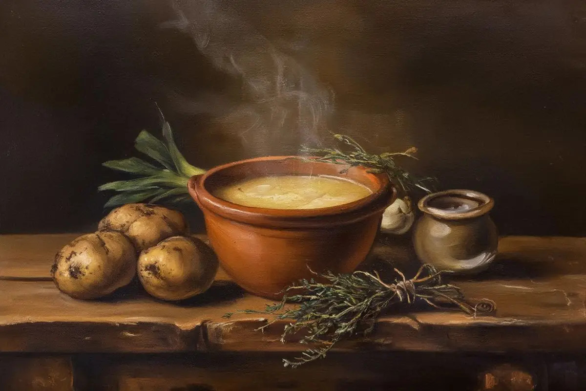 A terracotta crock of pale golden potato soup on a rough wooden table, surrounded by unwashed potatoes, leeks, and dried thyme