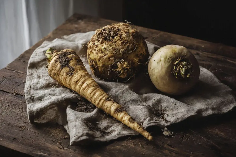 Parsnip, celeriac root, and turnip arranged on a rough linen cloth on a wooden table, soil still visible on the roots, natural side lighting