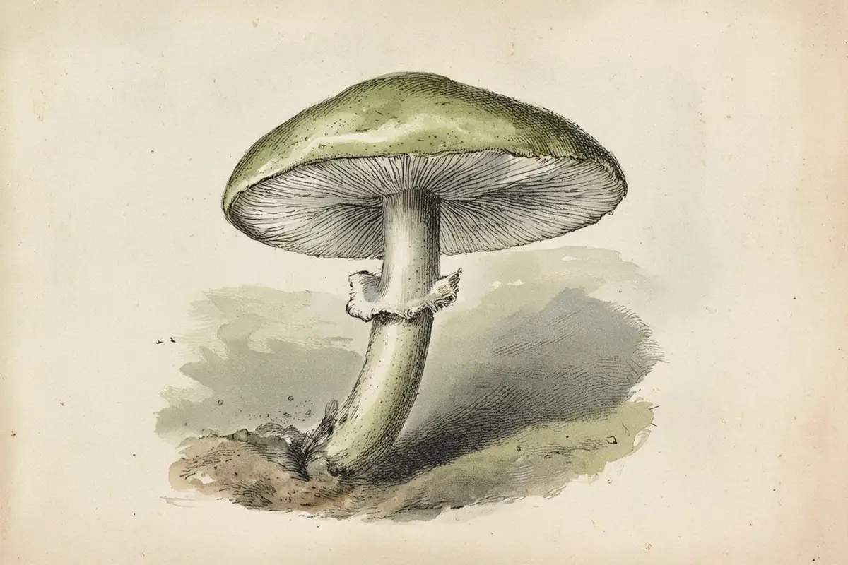 Close-up of a pale green-capped Amanita phalloides mushroom emerging from leaf litter in a European forest, natural light, no text