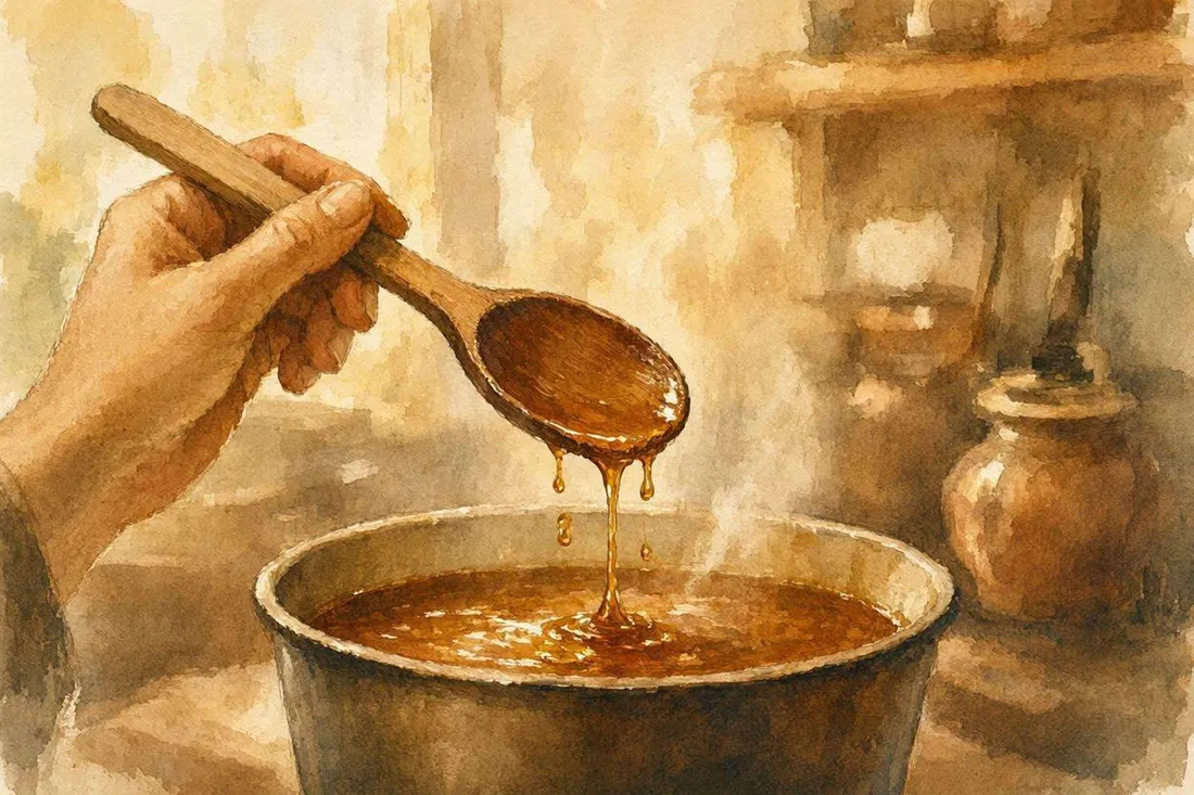 Vintage-style illustration of a cook testing sugar syrup with a spoon over a pot on a wood stove