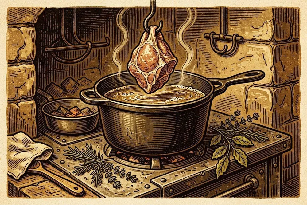 Illustration of a cut of mutton being scalded in a pot of acidulated water