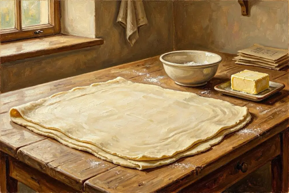 Laminated pastry dough folded on a floured wooden board, showing visible layers at the cut edge