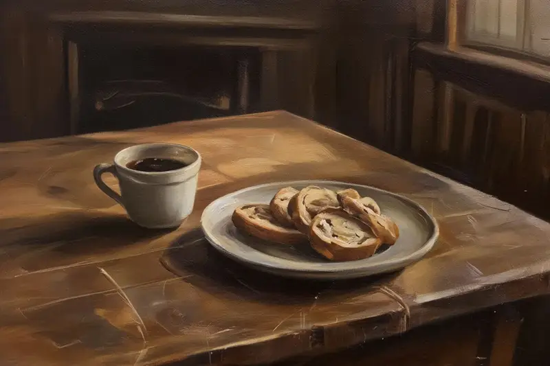 A cup of coffee beside a plate of walnut rolls on a worn wooden table
