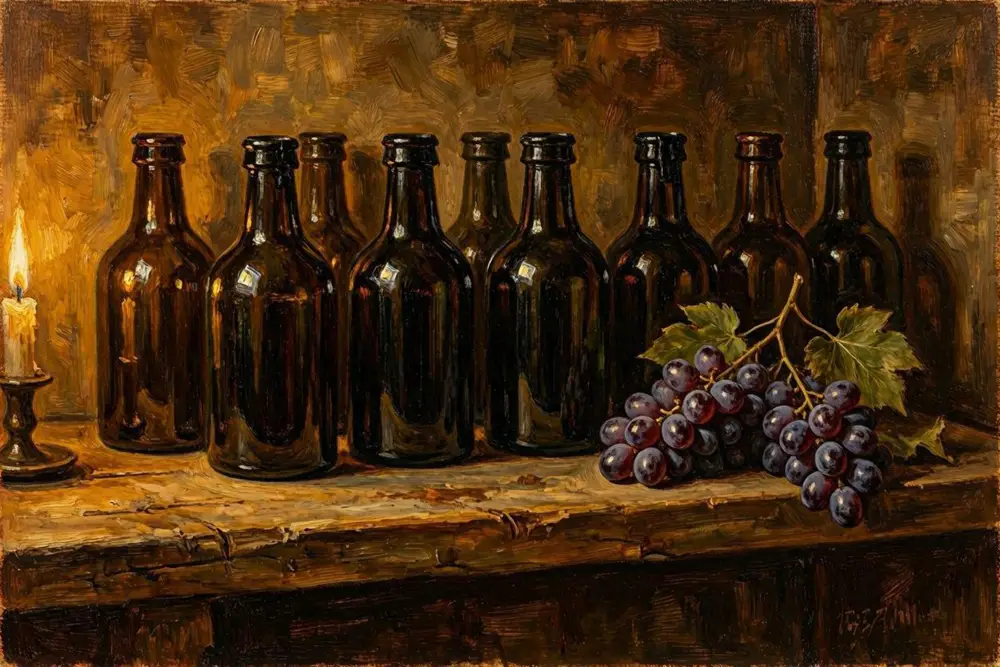 Dark glass bottles sealed with black resin standing upside down on a cellar shelf, with clusters of grapes nearby