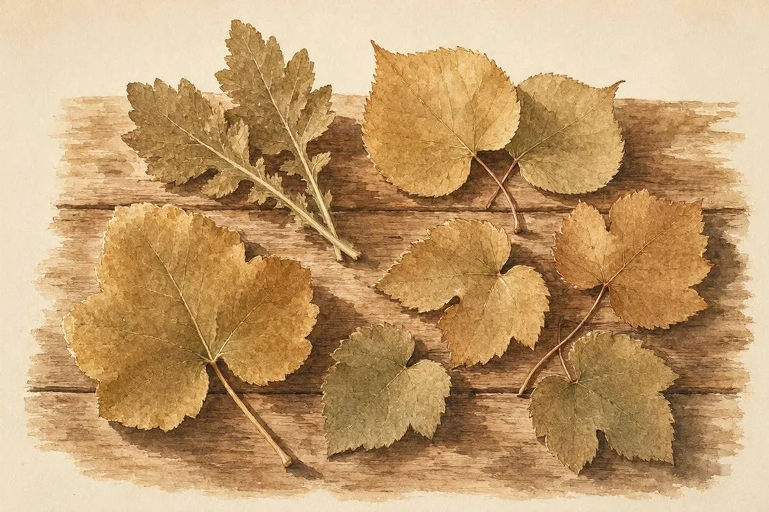 An illustrated arrangement of linden, horseradish, grape, and cabbage leaves on a wooden table