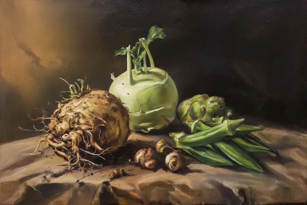 Five unusual vegetables arranged on a rough linen cloth: a celeriac root, a kohlrabi bulb, fresh okra pods, Jerusalem artichoke tubers, and a chayote — in warm natural light