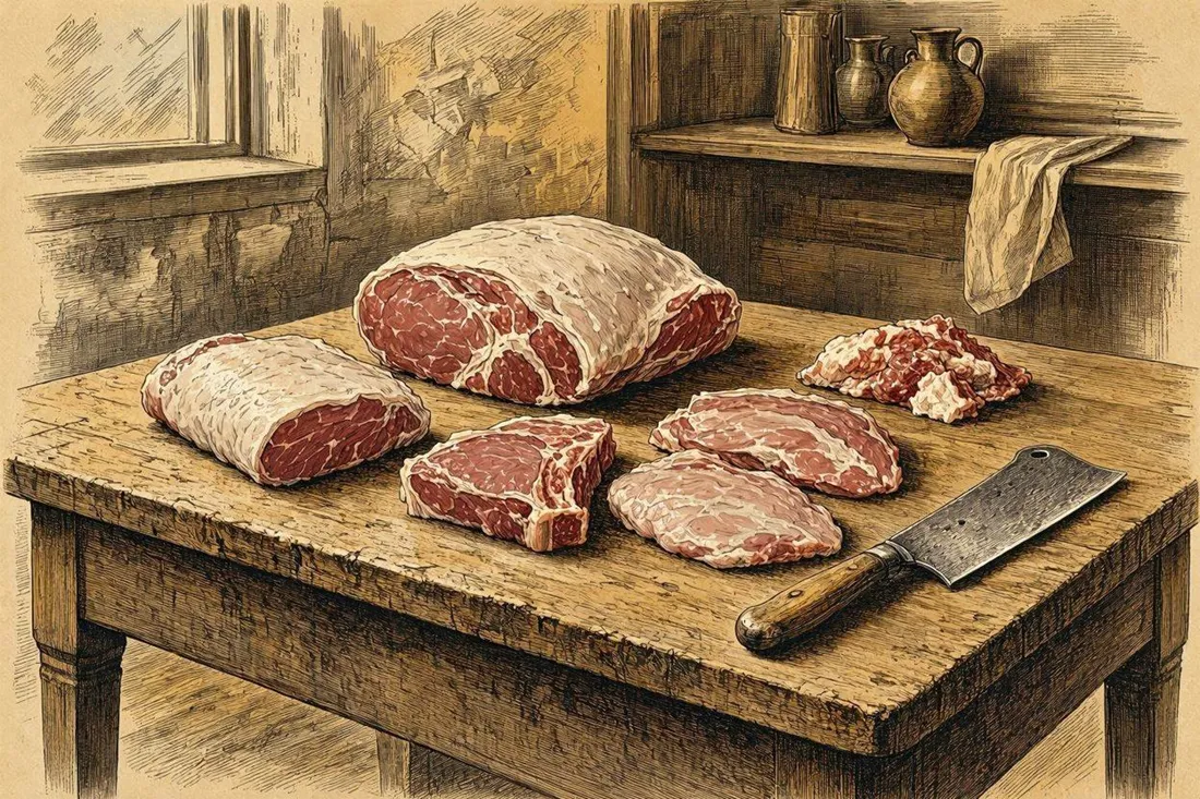 Illustrated side view of a calf with numbered regions marking traditional butchery cuts