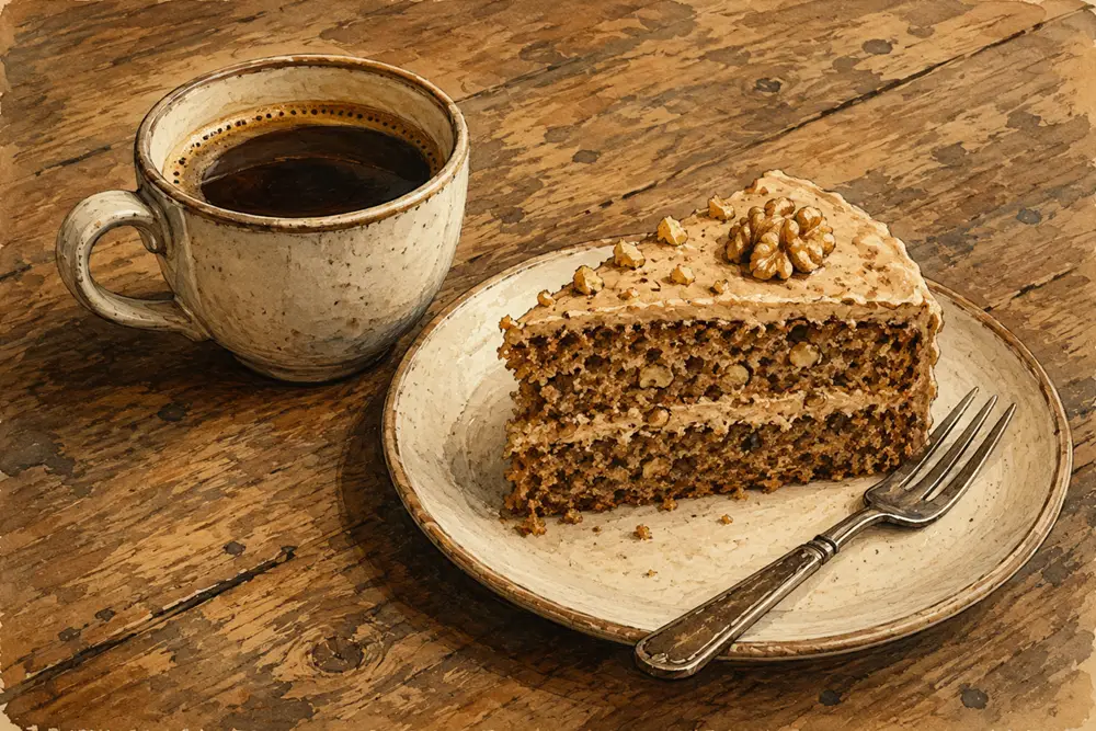A ceramic cup of dark coffee beside a slice of walnut cake on a worn wooden table