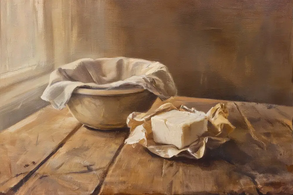 A small block of fresh compressed yeast wrapped in paper on a worn wooden kitchen table, beside a ceramic bowl of risen dough.