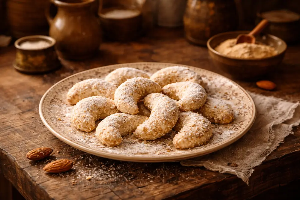 White almond meringue crescents dusted with sugar on a ceramic plate, surrounded by scattered ground almonds