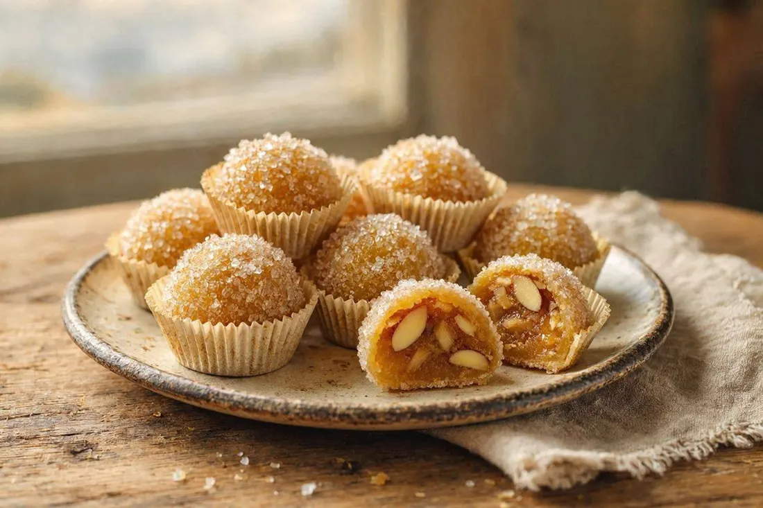Small apple and almond bonbons rolled in crystal sugar, arranged in paper candy liners