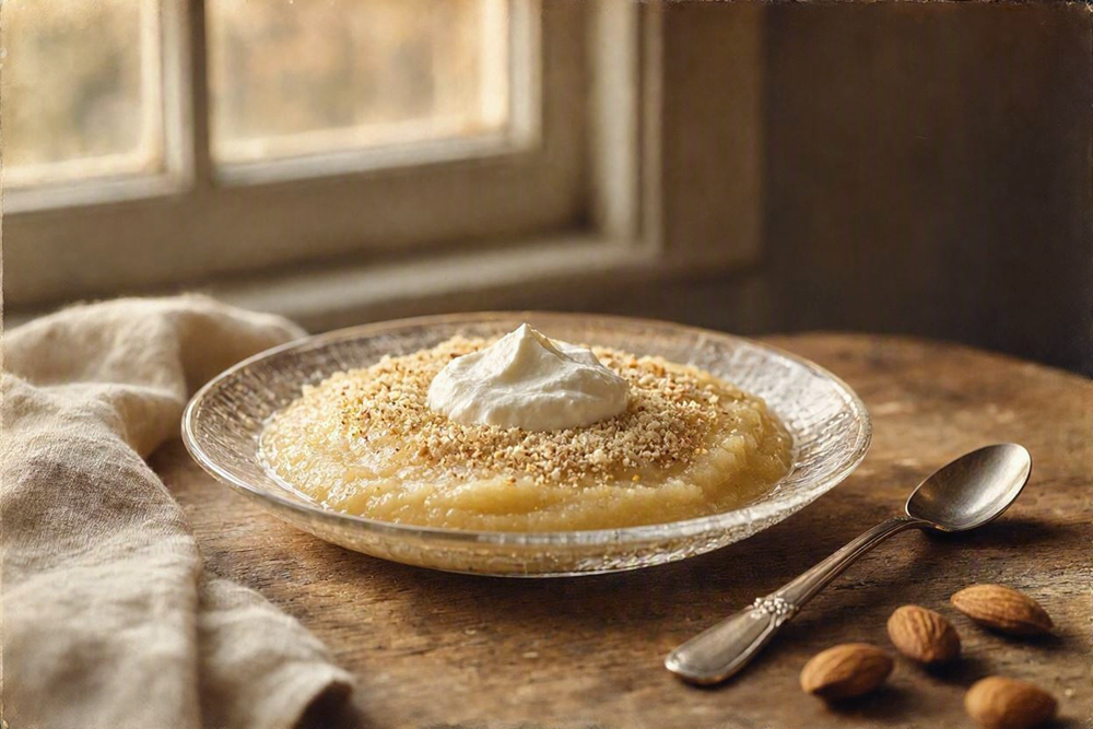 Apple purée topped with ground almonds and whipped cream on a glass plate