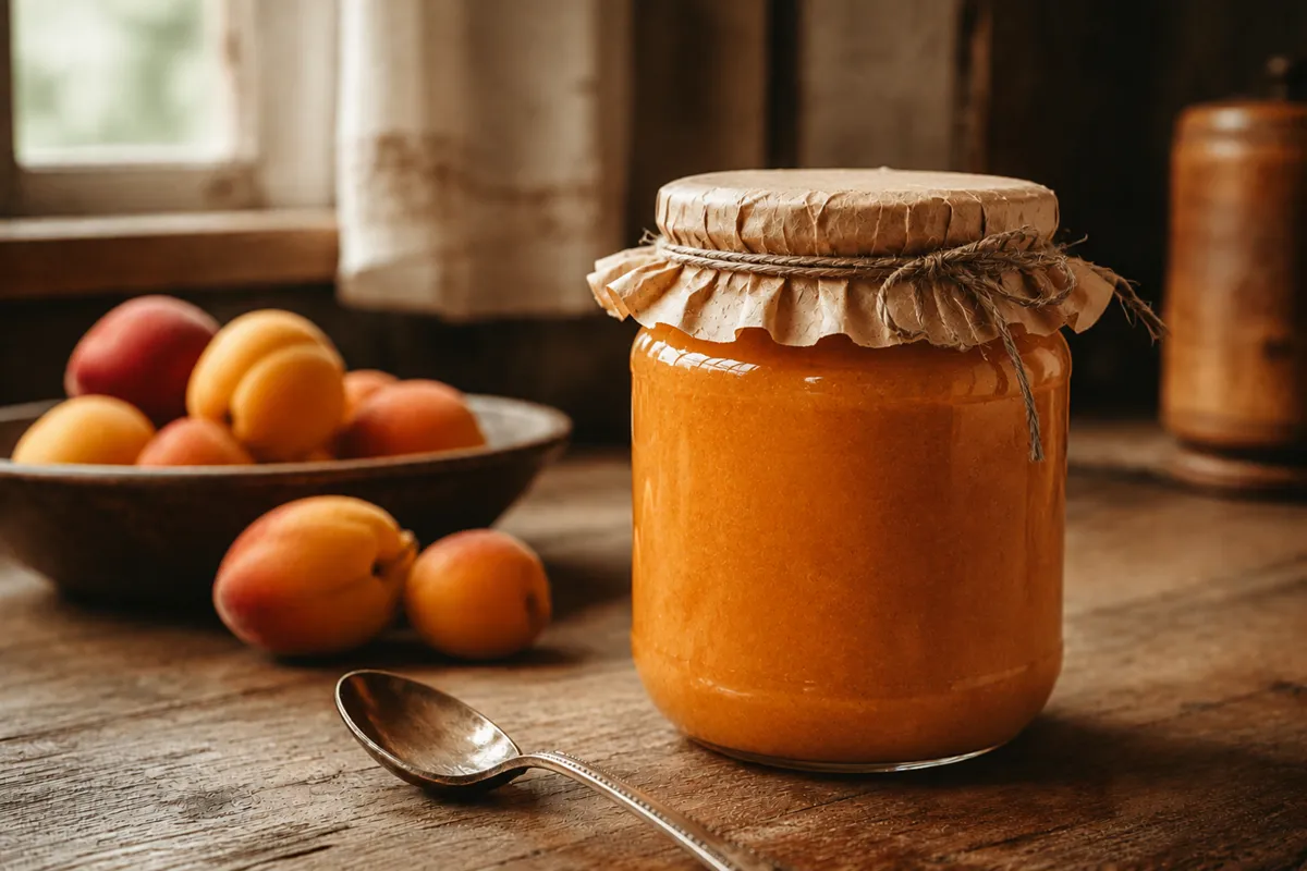 A jar of pale whipped apricot preserve with a parchment-tied lid, spoon resting beside it