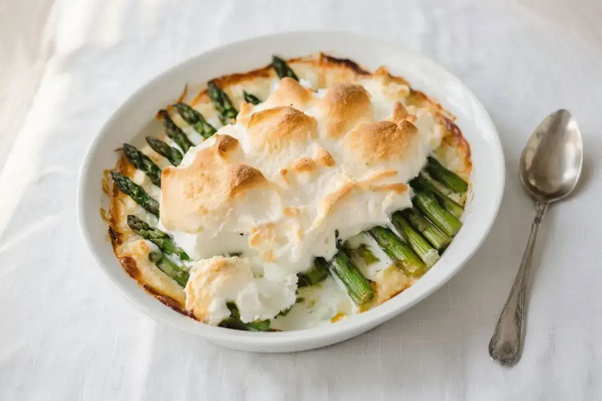 Baked asparagus in a white ceramic dish, golden puffed meringue topping lightly browned, served at the table