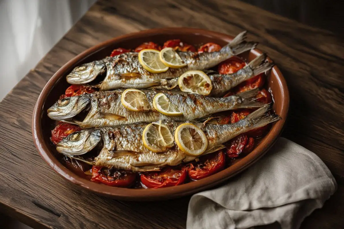An earthenware dish with whole golden-baked fish resting on vivid red tomatoes with lemon slices, on a dark oak table.