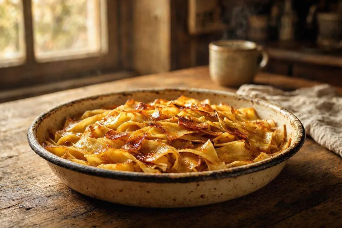 Wide egg noodles baked golden in a roasting pan with drippings