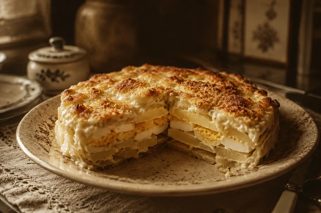 Layered potato and egg gratin baked with sour cream in a dish