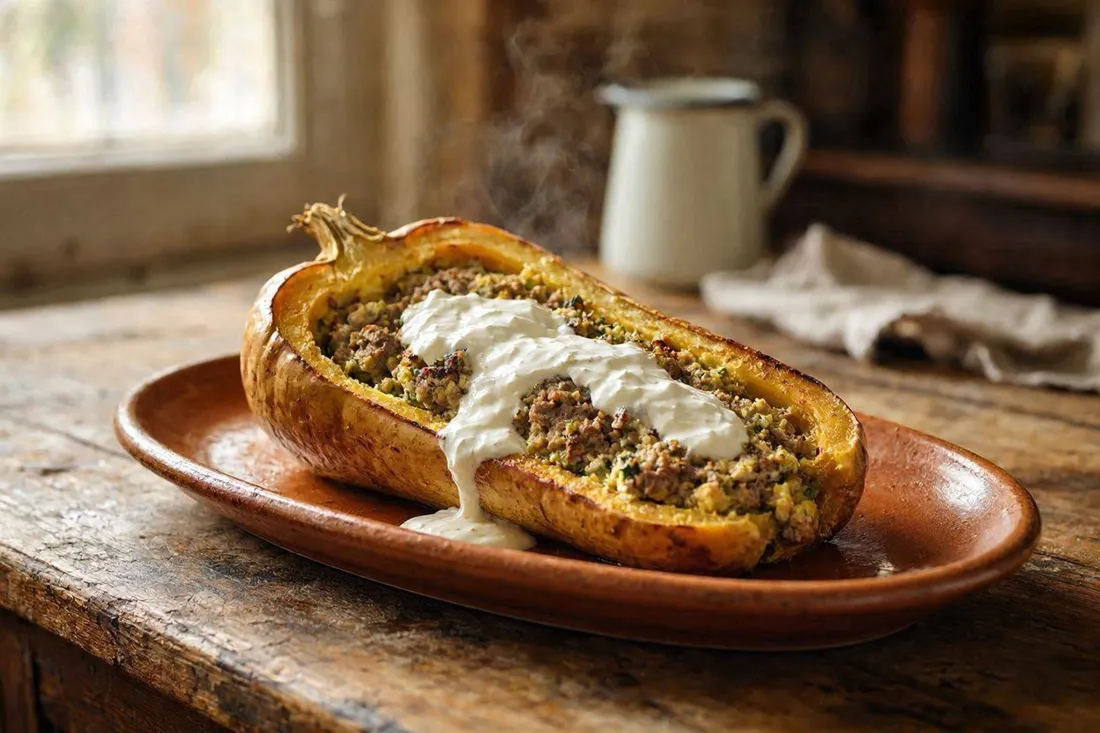 Whole baked stuffed squash sliced open showing veal and egg filling, sour cream sauce over the top