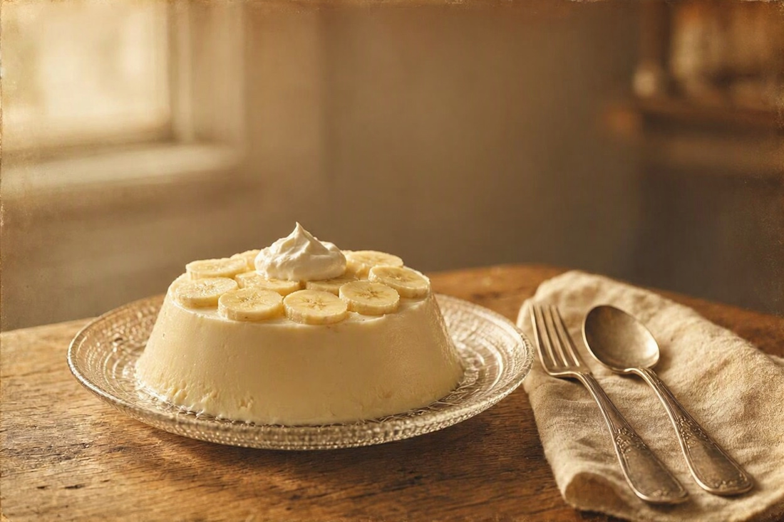 Unmolded banana cream on a glass plate, garnished with whipped cream