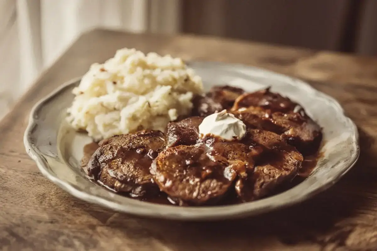 Sliced beef kidney with red wine sauce on a vintage plate