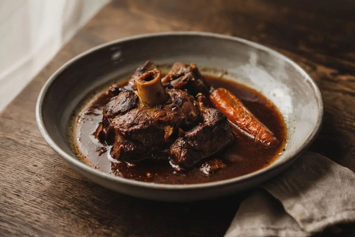 Slow-braised oxtail pieces in a deep mahogany red wine sauce, served in a rustic ceramic bowl with glazed carrots.