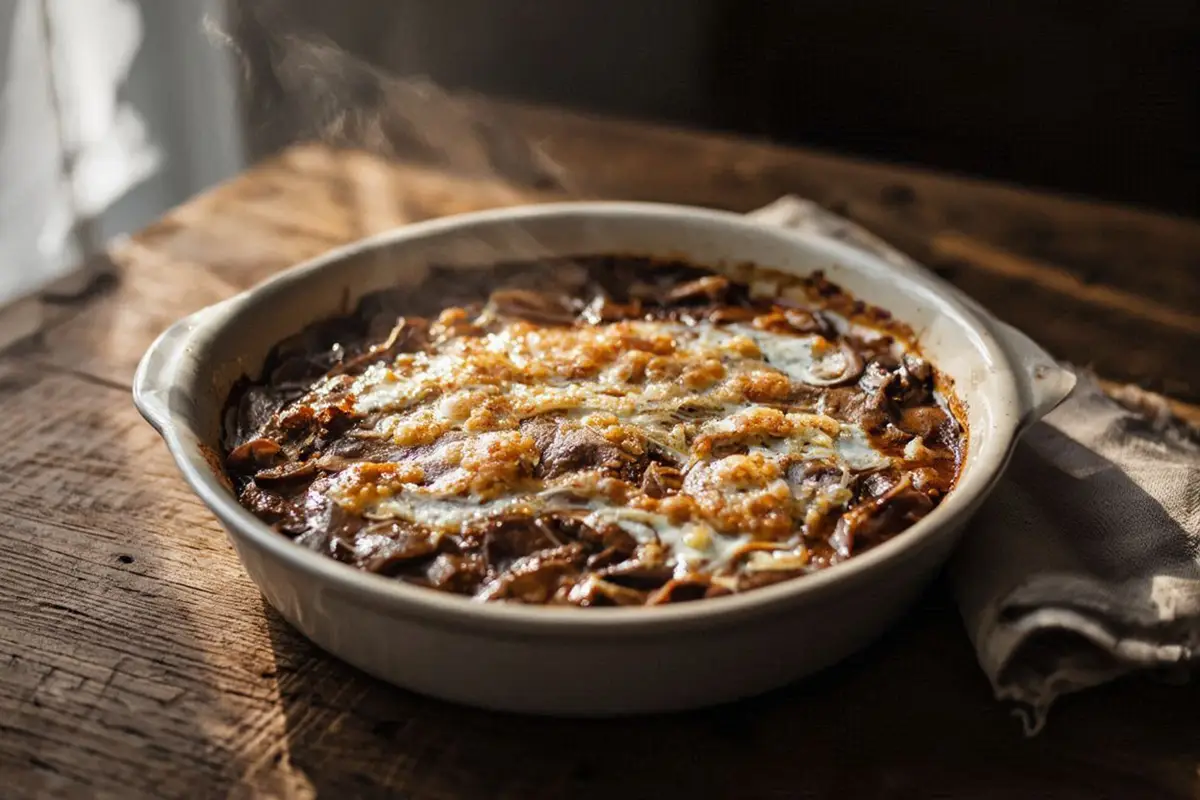 Sliced beef tongue layered in a deep ceramic baking dish, covered in dark mushroom sauce, sour cream, and a golden Parmesan crust.