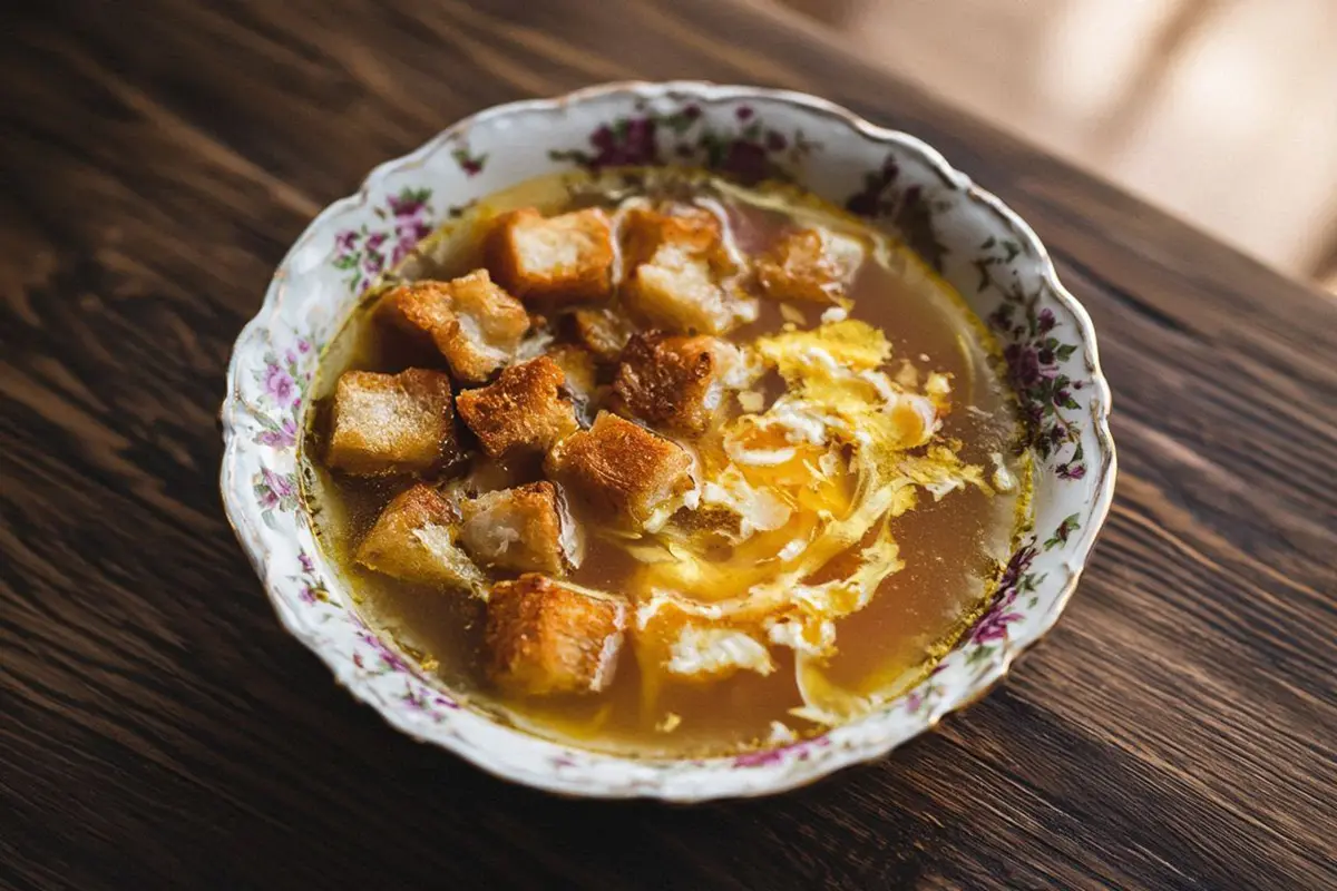 Beer soup in rustic ceramic bowls, golden broth with fried bread cubes