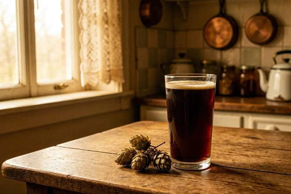 A glass of dark home-brewed malt beverage with a light foam head, set on a wooden table with roasted barley grains and dried hops nearby