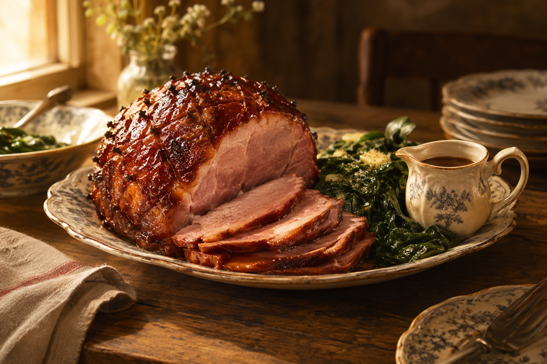 Whole glazed ham with Madeira sauce and buttered spinach on a serving platter