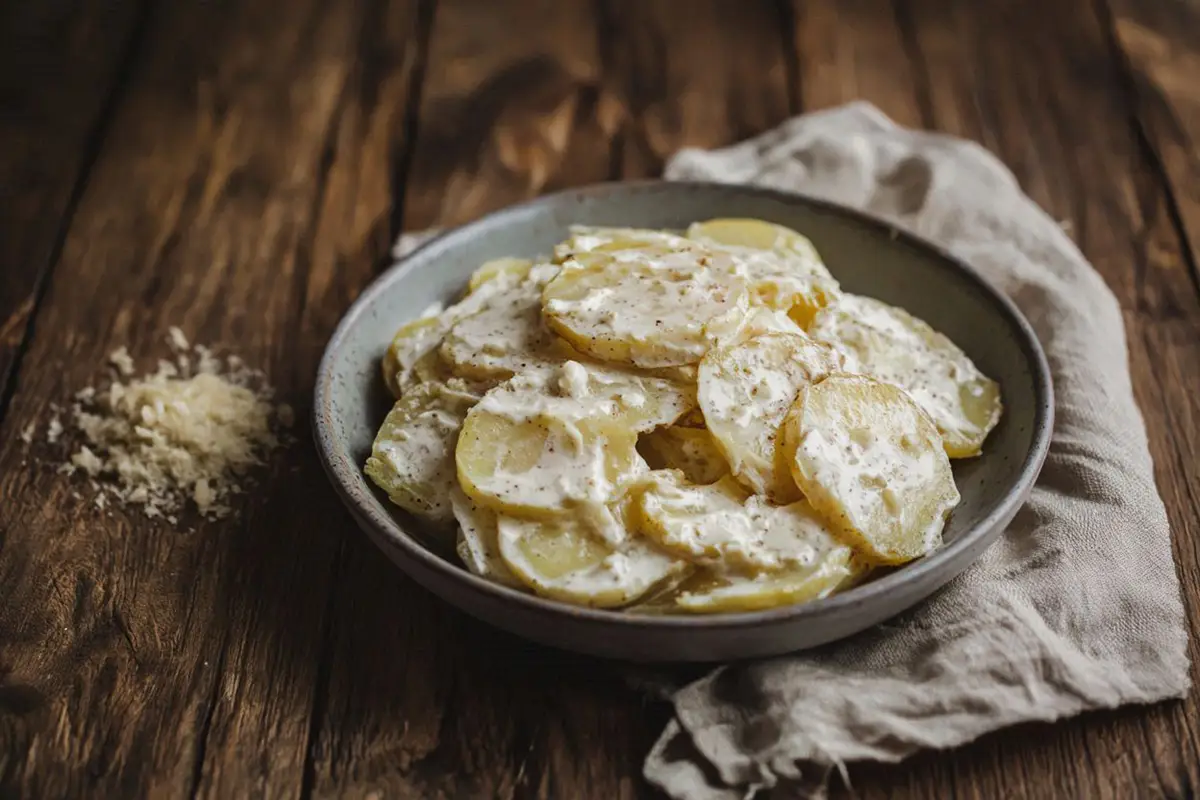Sliced boiled potatoes in a deep ceramic bowl covered with creamy white horseradish sauce
