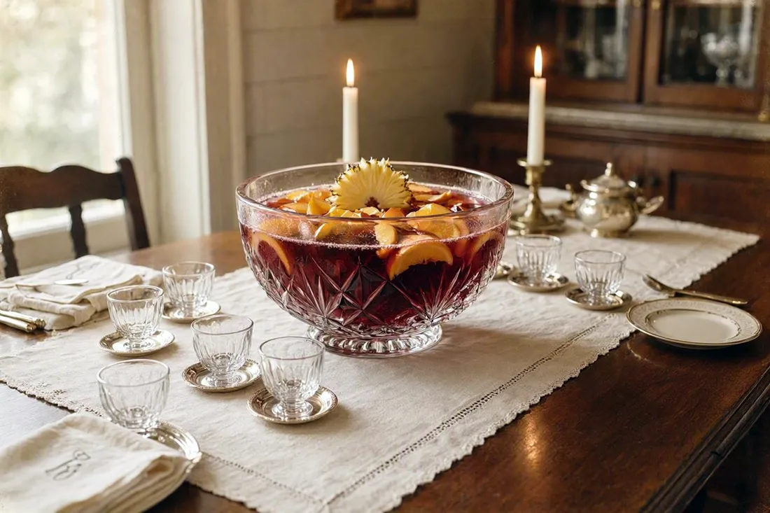 Bola, a festive New Year's fruit and wine punch, served in a glass punch bowl with fruit slices