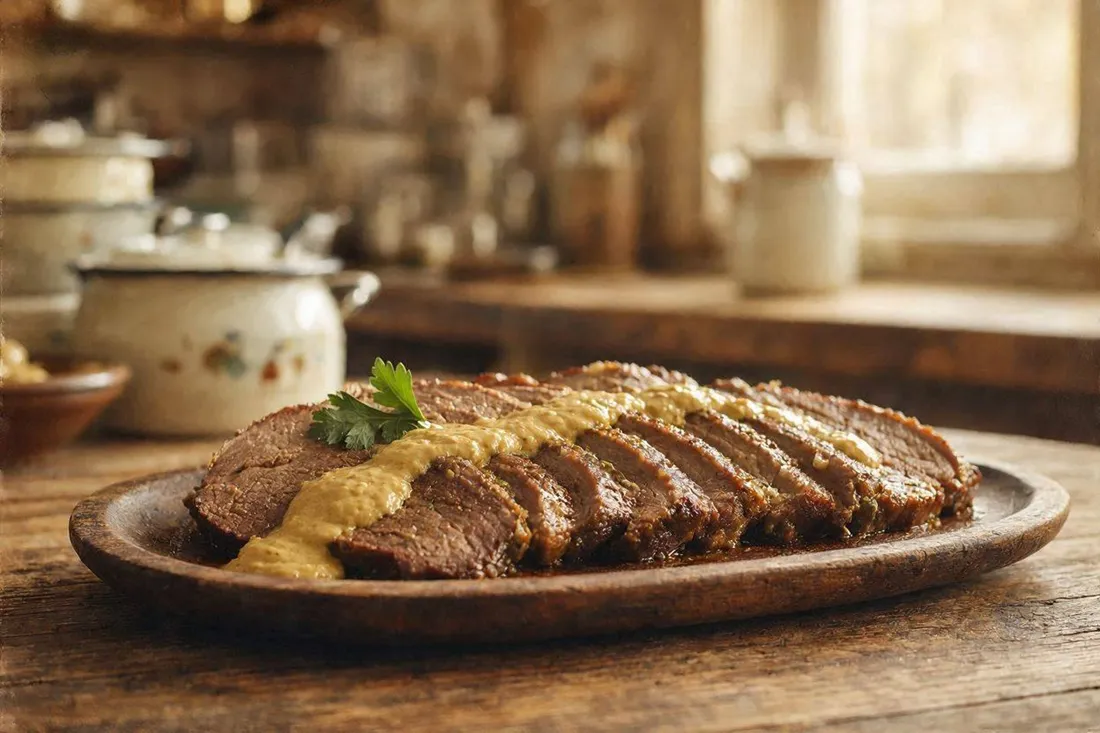 Sliced braised beef topside on a platter, covered in a smooth mustard sauce