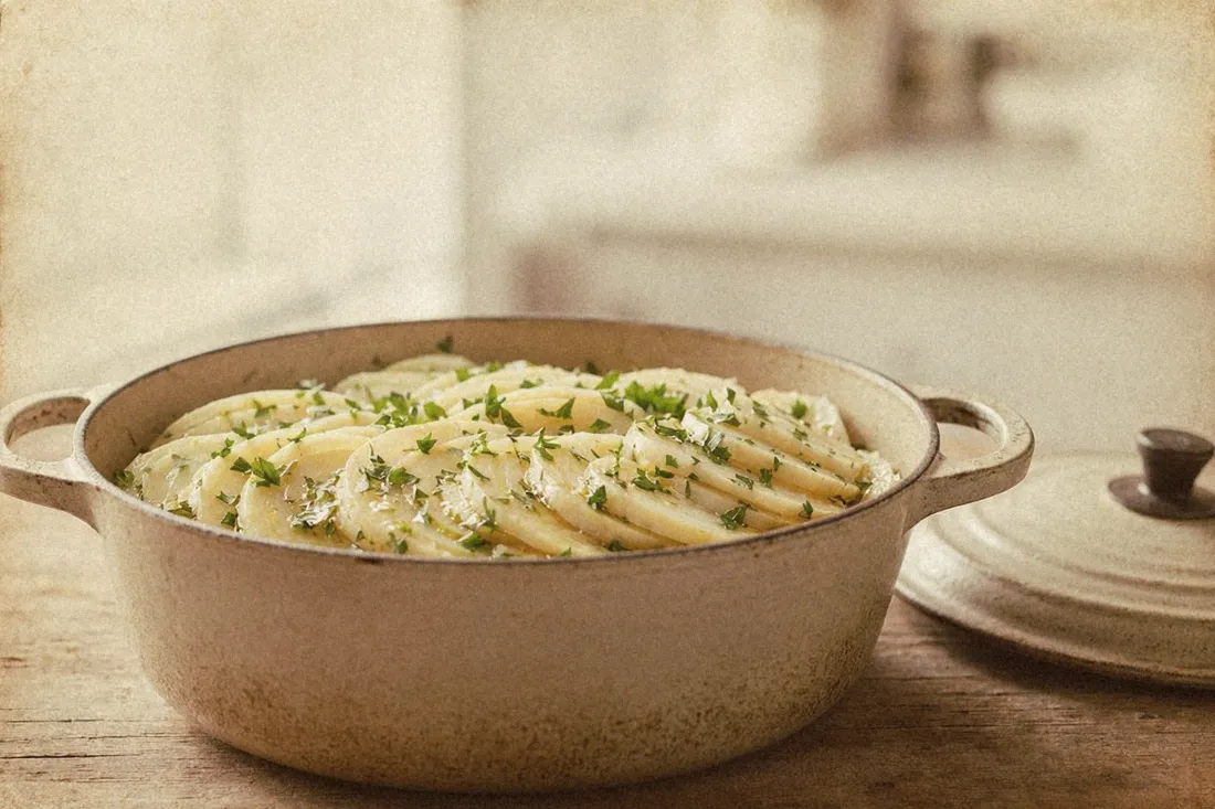 Layered celeriac and potato slices stewing in a pot, sprinkled with chopped parsley