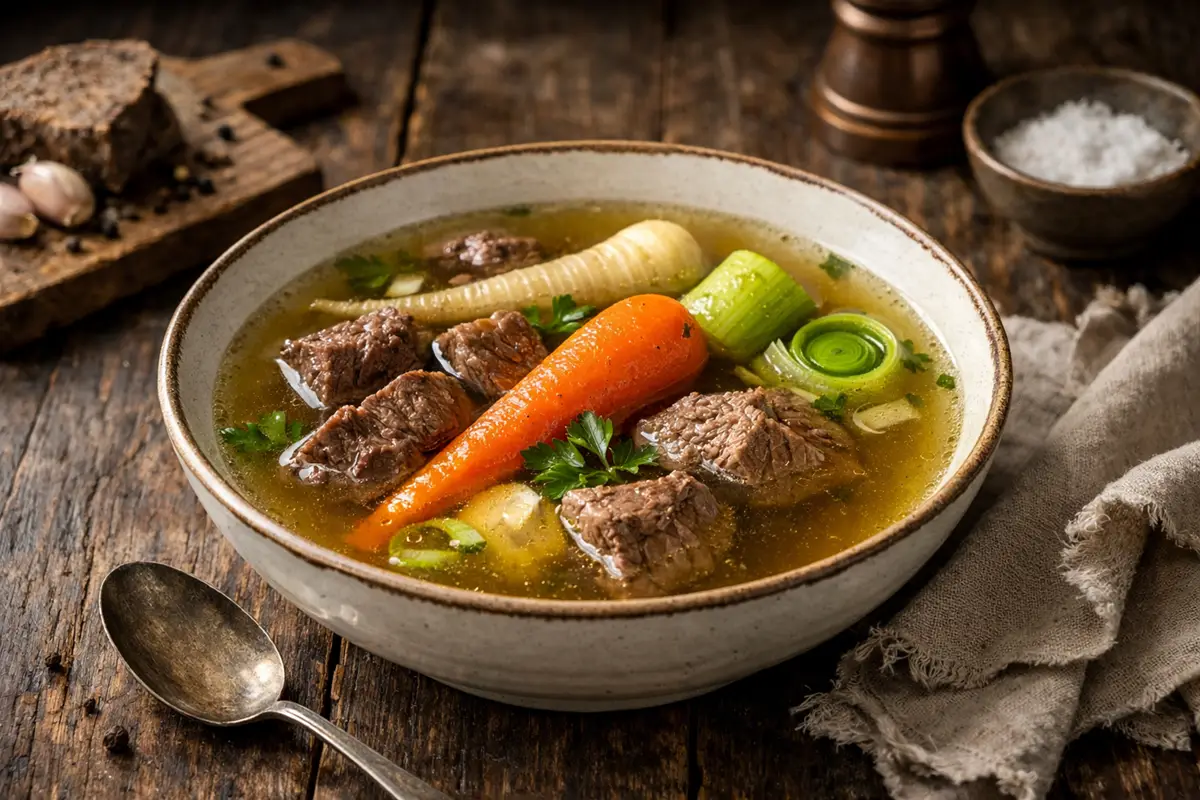 A wide ceramic bowl of clear golden beef broth with tender meat and root vegetables on a dark oak table.