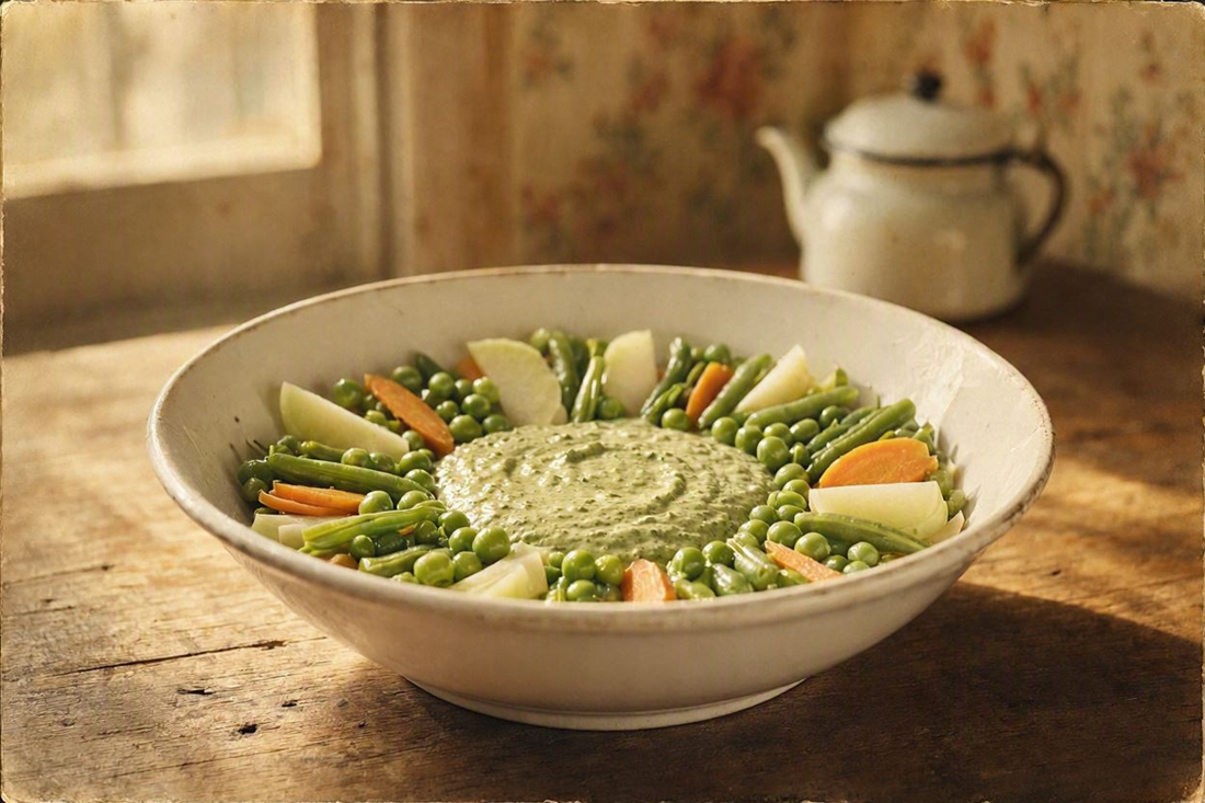A wreath of buttered peas, carrots, kohlrabi, and green beans arranged around a pool of spinach cream sauce