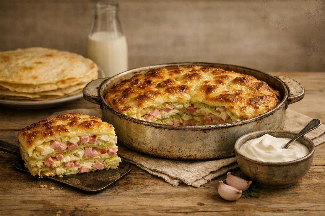 Layered cabbage crepes with ham and sour cream in a baking dish