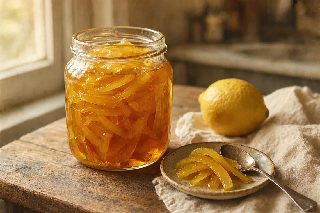 Jar of candied lemon peel strips in thick amber syrup